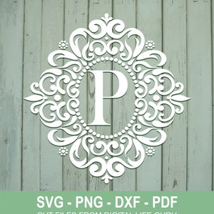 May include: White monogram letter P in a decorative ornate frame. The frame is made of swirls and scrolls. The background is a light green wood texture. SVG - PNG - DXF - PDF CUT FILES FROM DIGITAL LIFE GURU