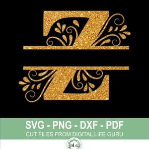 以下が含まれることがあります： 花柄の金色のグリッター分割モノグラム文字Z。Digital Life GuruからのSVG、PNG、DXF、PDFカットファイルです。