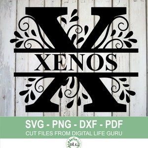 Puede incluir: Archivo de corte SVG en blanco y negro de la letra X con adornos florales y el nombre "XENOS" escrito en el centro.