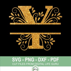 May include: Gold glitter monogram initial letter V with a decorative flourish design. SVG, PNG, DXF, and PDF cut files from Digital Life Guru.