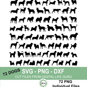 72 Dog Silhouette SVG Bundle | Race de chien SVG Clipart Formes | Races de chiens Svg Cut File Dog Png Lab Svg Chihuahua Svg File for Cricut
