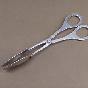 Puede incluir: Pinzas de metal plateadas con mangos ovalados. Las pinzas están cerradas y sobre una superficie marrón.