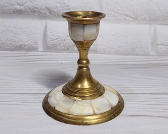brass candlestick with mother of pearl