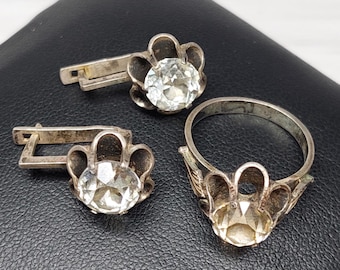 Vintage set of silver and rock crystal ring and earrings 875 silver sample