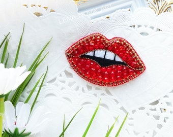 Red lips brooch for women 21th birthday gift Beaded wine red kiss brooch Blue lips pin beads Trendy jewelry Beadwork blue brooch Reel cute