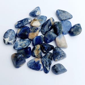 May include: A collection of tumbled blue sodalite stones. The stones are a mix of light and dark blue with white and brown markings.