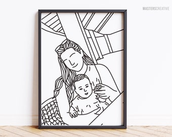 Custom Line Art Portrait with Background, Personalised portrait from photo, Gift for loved one, Family illustration, custom gift