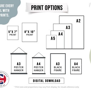 May include: Image showcasing print options, including various sizes like 5" x 7", 8" x 10", A5, A4, A3, and A2. It also displays A3 and A4 poster hangers, and A3 and A4 black frames. Text includes "Print Options" and "Digital Download."