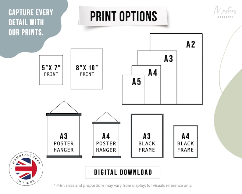 May include: Image showcasing print options, including various sizes like 5" x 7", 8" x 10", A5, A4, A3, and A2. It also displays A3 and A4 poster hangers, and A3 and A4 black frames. Text includes "Print Options" and "Digital Download."