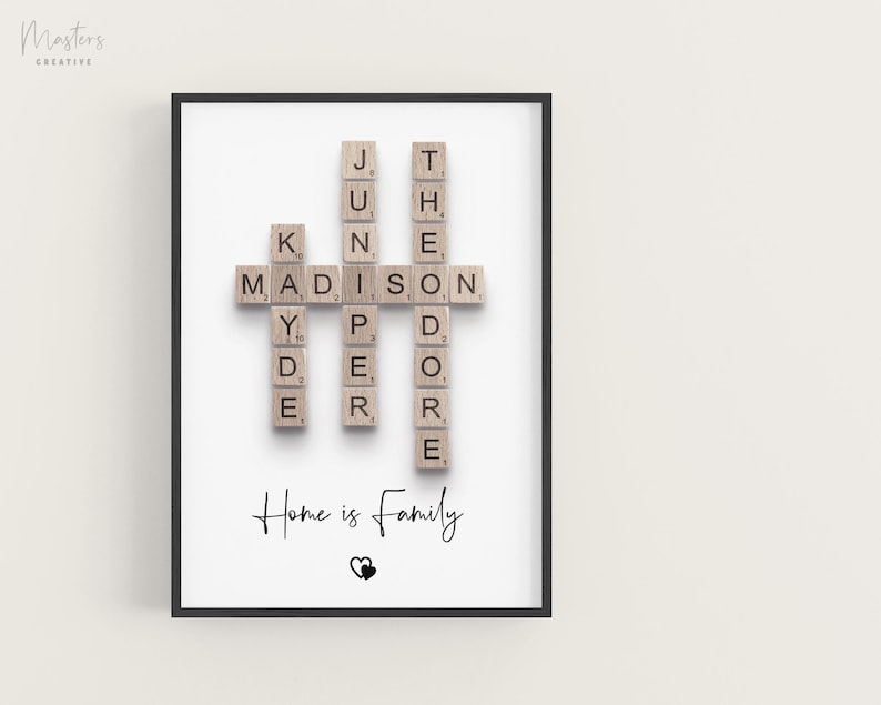 May include: A framed wall art print featuring wooden letter tiles arranged in a crossword style to spell the names Kyde, Madison, Juniper, and Theodore. Below the names, the text reads Home is Family in black script, followed by two small hearts.