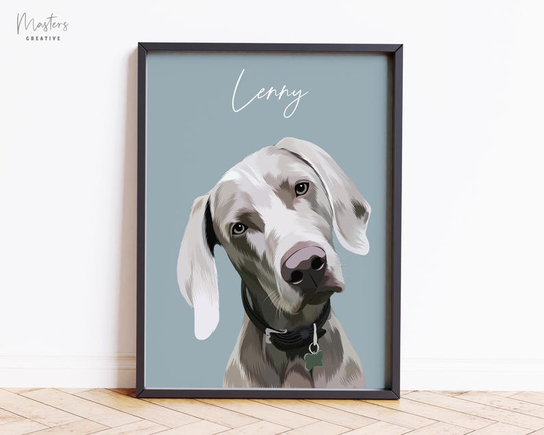 May include: Framed portrait of a Weimaraner dog with a gray and white coat, wearing a black collar with a tag. The dog's name, "Lenny," is written in white script on a light blue background. The artwork is framed in black.