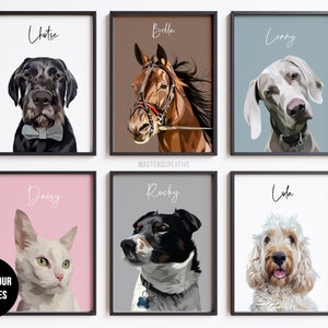 6 different pet portraits showing dogs, cats and a horse in the prints. All with different background colours and personalised with name. Showing examples of custom pet portraits.