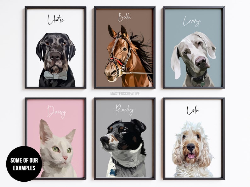 6 different pet portraits showing dogs, cats and a horse in the prints. All with different background colours and personalised with name. Showing examples of custom pet portraits.