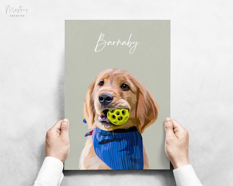 May include: A portrait of a golden retriever dog named Barnaby, holding a yellow ball in its mouth. The dog is wearing a blue bandana. The background is a light green color.