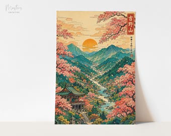 Mount Yoshino Sakura Poster, Ukiyo-e Anime Landscape Wall Art (Digital Download)