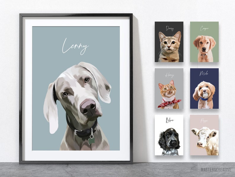 Pet Portrait, Hand-illustrated Custom Portrait, Personalised Dog Wall Art. Main focus is a dog called lenny, print framed in black frame. Examples also shown are cats and cow pet portrait artwork.