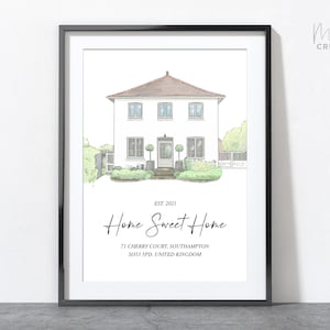 Custom building sketch of a home, the portrait is a line art style of a home. digitally drawn by hand to look like a drawing. Home sweet home. Based on a photo.