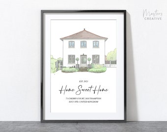 Custom House Portrait, Personalised Housewarming Gift, Building Illustration Sketch, First Home Gift, Watercolour drawing, House Portrait