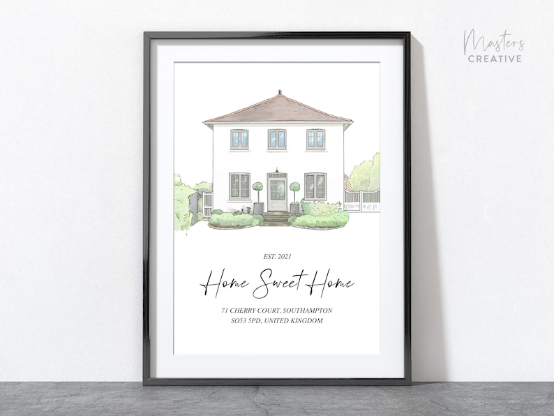 Custom building sketch of a home, the portrait is a line art style of a home. digitally drawn by hand to look like a drawing. Home sweet home. Based on a photo.