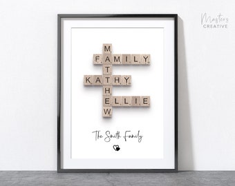 Personalised Scrabble Print, custom letter tile prints, family name art, birthday gift, crosswords puzzle poster, personal gift for him her