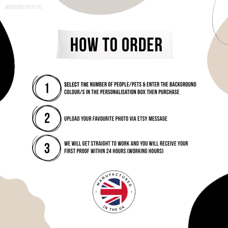 以下が含まれることがあります： 「HOW TO ORDER」という黒い文字が書かれた白いバナー。タイトルの下に番号が振られた3つの手順が記載されています。手順1：人数/ペットの数を選択し、パーソナライズボックスに背景色を入力して購入します。手順2：お気に入りの写真をEtsyメッセージでアップロードします。手順3：すぐに作業を開始し、24時間以内（営業時間内）に最初の校正版をお届けします。バナーの下部には、「MANUFACTURED IN THE UK」という文字が書かれた円があります。