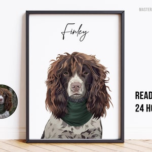 Custom pet portrait of a dog named Finley, personalised from a photo and hand-drawn digitally. Pet print is framed and a note saying ready in 24 hours.