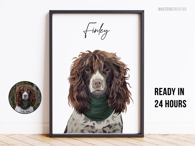 Custom pet portrait of a dog named Finley, personalised from a photo and hand-drawn digitally. Pet print is framed and a note saying ready in 24 hours.