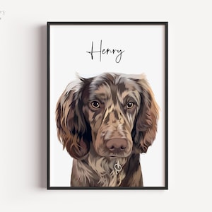 May include: A framed portrait of a dog named Henry. The dog has brown and white fur, with a focused gaze. The artwork is set against a white background, with the name "Henry" written above the dog in cursive.