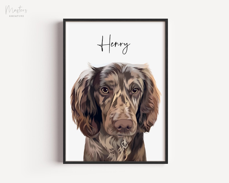 May include: A framed portrait of a dog named Henry. The dog has brown and white fur, with a focused gaze. The artwork is set against a white background, with the name "Henry" written above the dog in cursive.