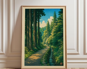 Japanese Forest Path Print, Vintage Woodland Wall Art, Green Landscape Poster, Serene Nature Art, Asian Inspired Travel Print