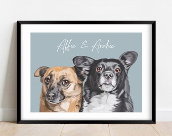 Custom Pet Portraits, Multiple Pets on a Portrait, dog drawing, dog lover prints, pet memorial art, personalised pets dog cat