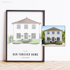 Huisportret aangepast, gepersonaliseerd housewarmingcadeau, illustratieschets gebouw, eerste huiscadeau, aquareltekening, portret huis