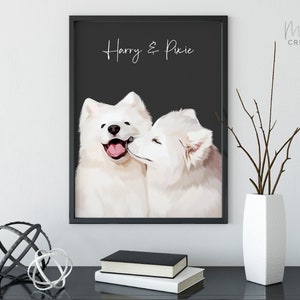 The photo shows two pets in a pet portrait. The print is framed and hung on the wall to display the artwork. The two dogs are smiling together in the custom print.