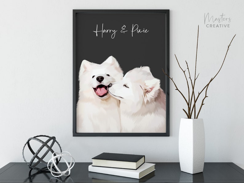 The photo shows two pets in a pet portrait. The print is framed and hung on the wall to display the artwork. The two dogs are smiling together in the custom print.