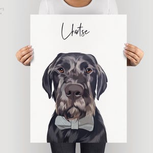 May include: A portrait of a dog with black and gray fur, wearing a gray bow tie. The dog's name, "Chotse," is written in cursive above the dog's head. The background is white.