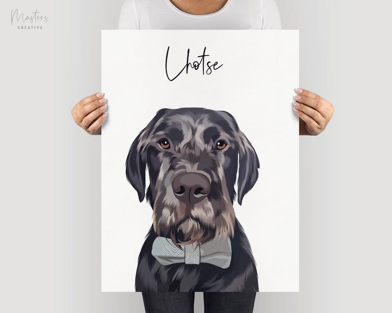 May include: A portrait of a dog with black and gray fur, wearing a gray bow tie. The dog's name, "Chotse," is written in cursive above the dog's head. The background is white.