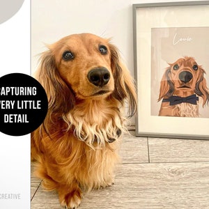 Comparison picture of a dog named Louie next to his custom pet portrait to show it is personalised to the dog. Note saying capturing every little detail.