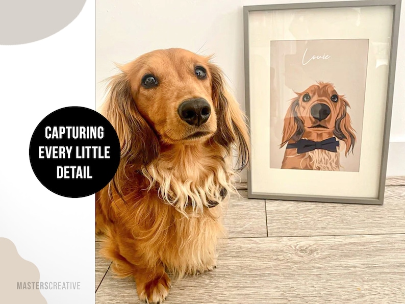 Comparison picture of a dog named Louie next to his custom pet portrait to show it is personalised to the dog. Note saying capturing every little detail.