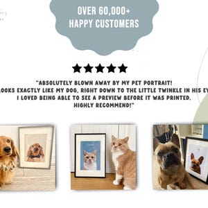 May include: The image showcases pet portraits, with examples of a dog, cat, and another dog. The text reads "OVER 60,000+ HAPPY CUSTOMERS" and a customer review. The portraits are framed and displayed, highlighting the product's appeal.