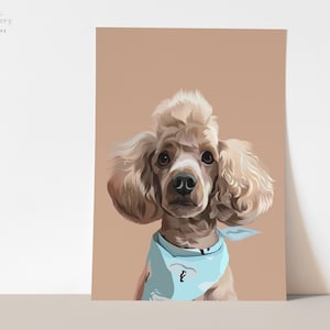 May include: A portrait of a poodle with light brown fur, wearing a light blue bandana. The dog is centered against a tan background. The image has the text "Masters Creative" in the upper left corner.