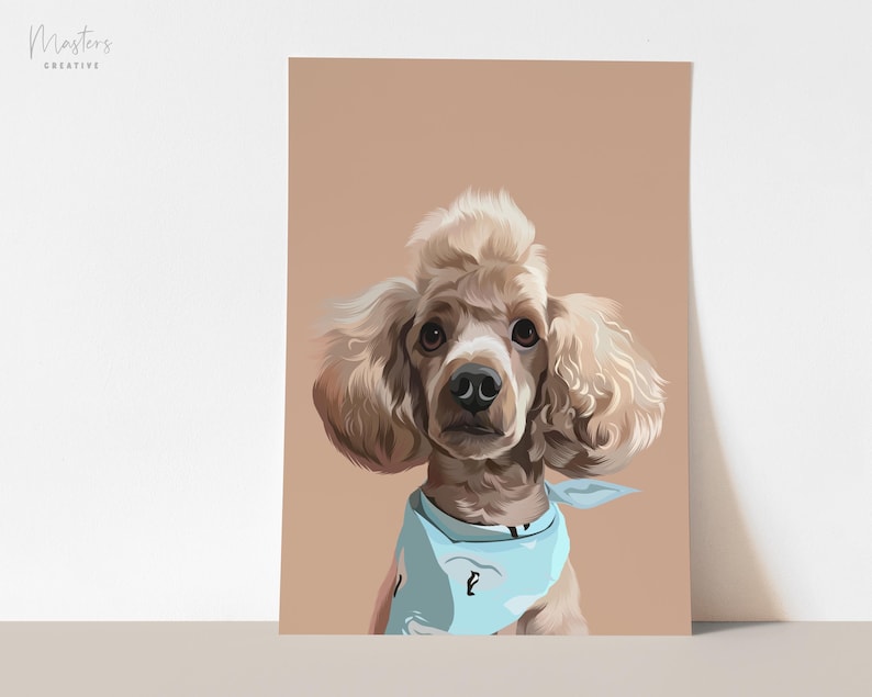 May include: A portrait of a poodle with light brown fur, wearing a light blue bandana. The dog is centered against a tan background. The image has the text "Masters Creative" in the upper left corner.