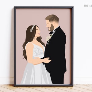 Wedding portrait, custom faceless cartoon artwork design of bride and groom couple. Print design in a black frame.