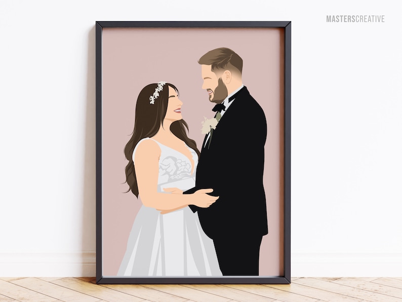 Wedding portrait, custom faceless cartoon artwork design of bride and groom couple. Print design in a black frame.