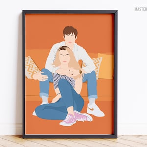 Couple drawing, faceless artwork of a couple on a sofa. the personalised print is framed in a black frame.