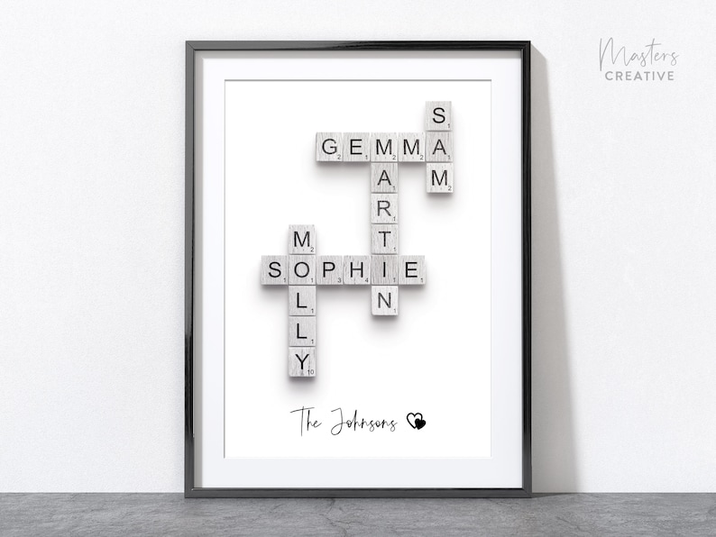 Personalised Scrabble Print, custom letter tile prints, family name art, birthday gift, crosswords puzzle poster, personal gift for him her image 4