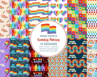 May include: Twelve digital seamless patterns featuring rainbow colors and pride month themes. The patterns include rainbows, hearts, hands, lightning bolts, and text that says "Pride Month", "Love Wins", and "Be You".