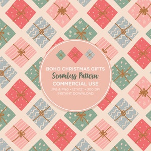 Boho Christmas Gift Pattern, Christmas Gift Doodle, Muted Christmas Gift Pattern, Jpeg, PNG, Surface pattern