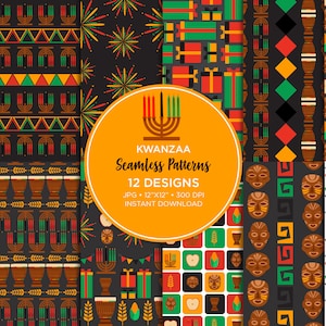 May include: Twelve digital Kwanzaa seamless patterns in a variety of colours and designs, including candles, drums, corn, and gifts. The patterns are 30.5 cm by 30.5 cm and 300 DPI.
