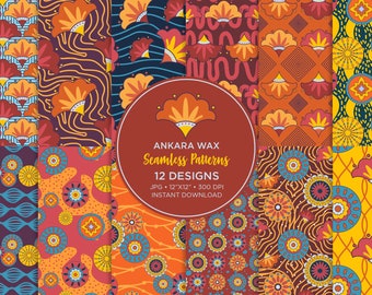 May include: A set of 12 digital seamless patterns featuring vibrant Ankara wax prints in various colors and designs. The patterns are perfect for creating unique and stylish projects.