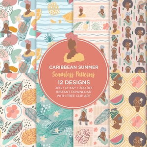 May include: Twelve digital seamless patterns featuring a Caribbean summer theme. The patterns include tropical leaves, pineapples, watermelon, and women with head wraps. The patterns are in a variety of colors, including blue, green, yellow, orange, and pink. The text "CARIBBEAN SUMMER Seamless Patterns 12 DESIGNS JPG 12"X12" 300 DPI INSTANT DOWNLOAD WITH FREE CLIP ART" is included in the image.